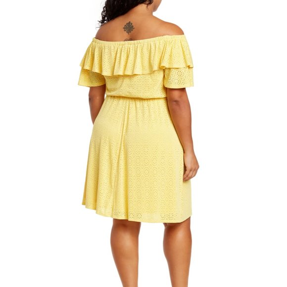NWT London Times Yellow Eyelet Ruffle Off The Shoulder Dress - 2X - Picture 2 of 3